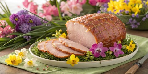 Glazed Ham with Spring Flowers, holiday , food photography