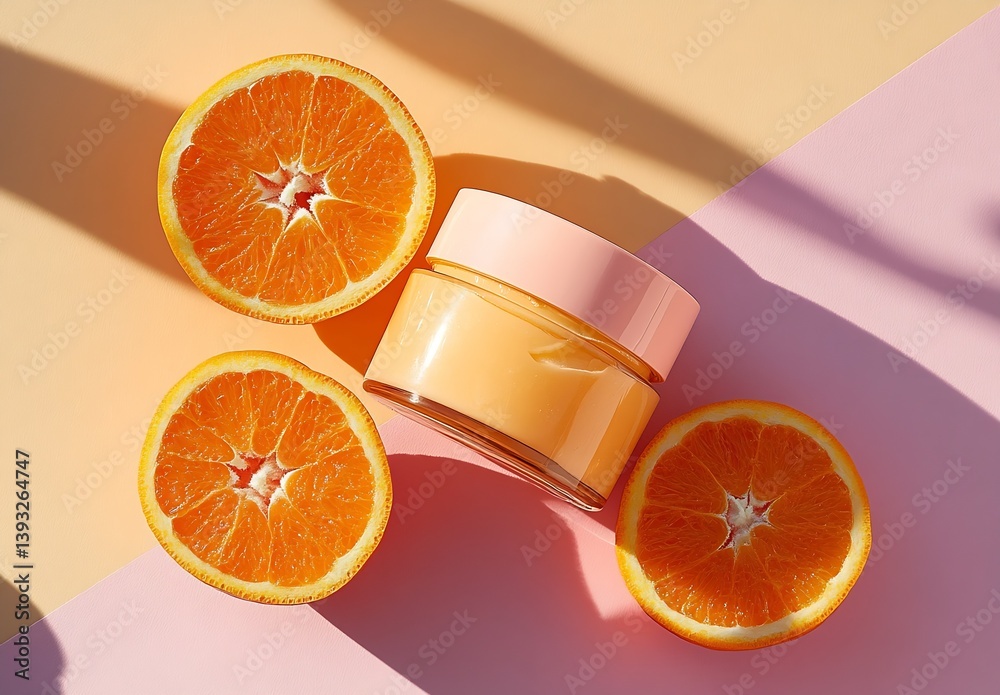 Aufkleber minimalistic display of an orange face cream jar with fresh orange halves arranged for an aesthetic 