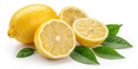 Fototapeta premium Fresh Lemons Still Life with Leaves, Citrus , Yellow Fruit
