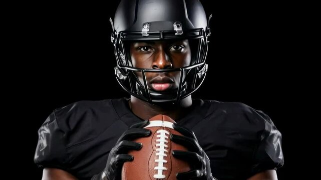 Dramatic portrait of a football player in black gear holding a ball, shot from a low angle, ideal for a sports-themed video or promotional content.