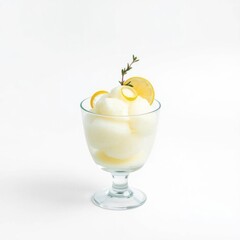 Refreshing citrus sorbet dessert, served in a delicate glass. Simple, cool, and light on a white backdrop