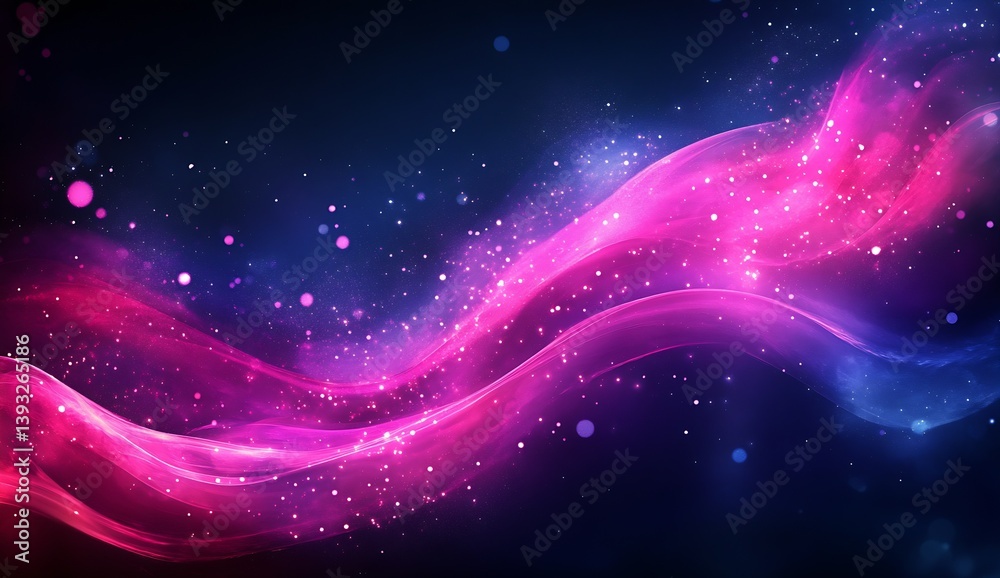 Poster Dynamic flowing waves in shades of pink and purple with sparkling elements creating a fantasy scene : Generative AI