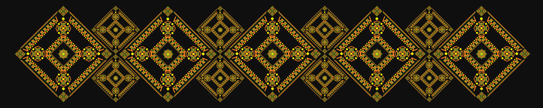 Ukrainian pattern. Ukrainian embroidery. Yellow patterns on a dark background. Wide background stripe