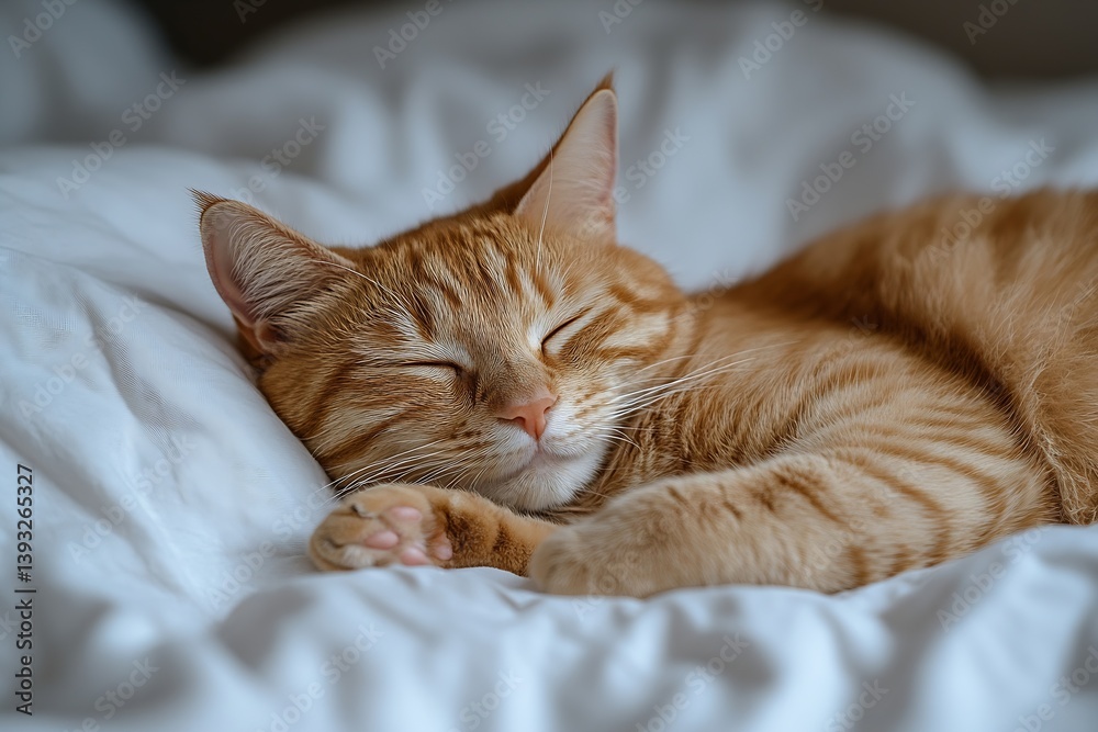 Aufkleber Peaceful Ginger Cat Napping on Soft White Bedding Cozy Pet Portrait of Domestic Kitten Resting and Relaxing Indoors : Generative AI