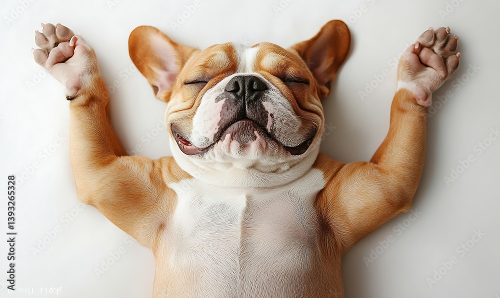 Poster relaxing bulldog puppy napping peacefully on its back with paws up in the air in blissful sleep on w