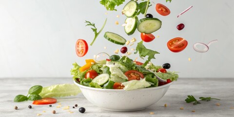 Dynamic Salad Bowl Flying Veggies with Tomatoes, Cucumbers and Lettuce, Healthy Eating ,Vegan Food