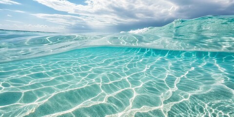 Crystal Clear Waters Split View of Ocean Wave and Sea Bed, ocean ,tropical