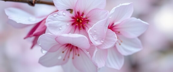 Fototapeta premium Close-up of delicate pink blossoms with water droplets, showcasing the beauty of nature's details in spring.