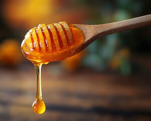 A wooden honey dipper dripping delicious golden sweet liquid
