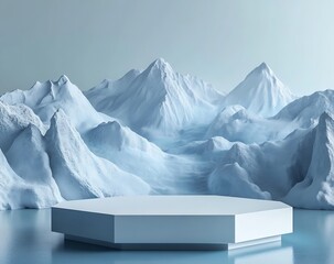 Stunning Mountain Peaks Surrounded by Serene Snowy Landscape with a Modern Hexagonal Platform : Generative AI