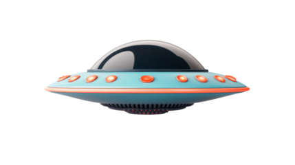 Retro cartoon flying saucer, vintage alien spaceship, cut out transparent