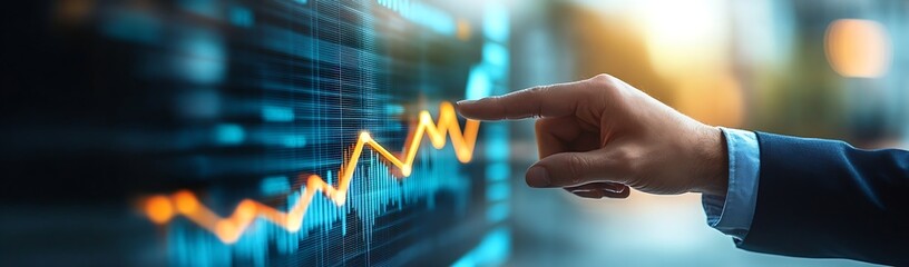Financial Data Analysis Photograph Hand Pointing to Stock Market Graph on Screen Investment Strategy Business Growth : Generative AI