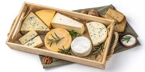 Cheese Platter in Wooden Tray Assorted Cheeses, Herbs and Accompaniments, gourmet , cheese board