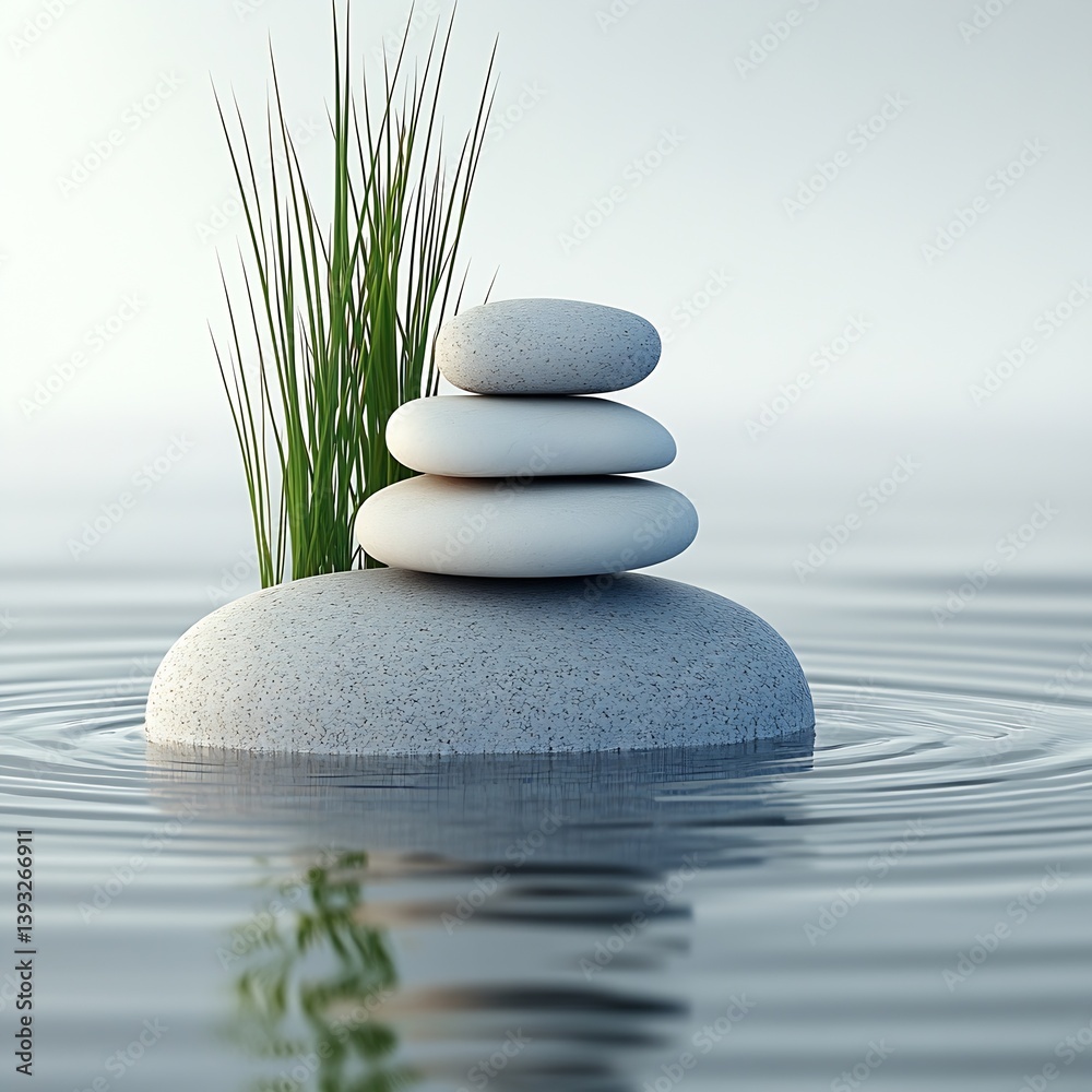 Poster zen stone stack on water with ripple effect tranquil scene for meditation wellness and relaxation ge