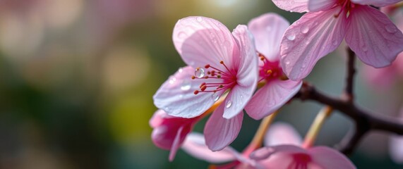 Pink Blossoms in Bloom: Delicate cherry flowers with water droplets glisten in the soft, natural light.