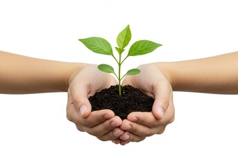 A small green plant held gently in cupped hands, isolated on a clean white background.