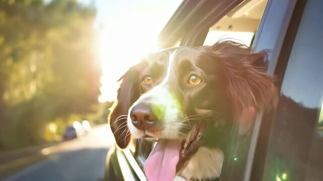 A joyful dog with its head out a car window, captured in a close-up, side-angle shot. The video conveys freedom and happiness during a road trip.
