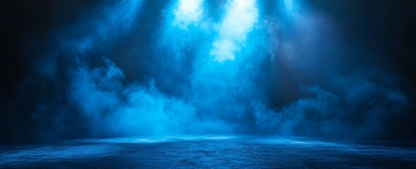 Dramatic Dark Room with Blue Smoke and Spotlights for Eerie Background or Stage Design : Generative AI