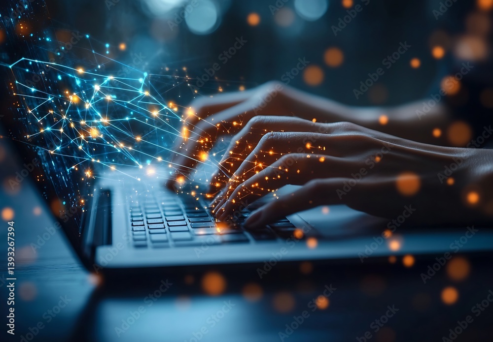 Poster Hands Typing on Laptop Keyboard with Glowing Network Connections Futuristic Technology Concept Digital Communication : Generative AI