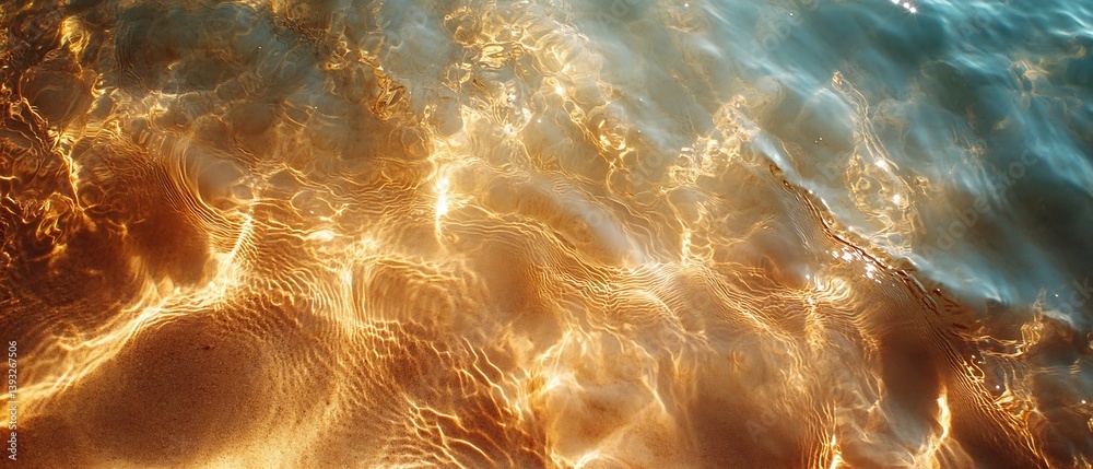 Leinwandbilder Golden Water Ripples on Sand Reflecting Sunlight Creating a Shimmering Abstract Pattern at Sunset : Generative AI