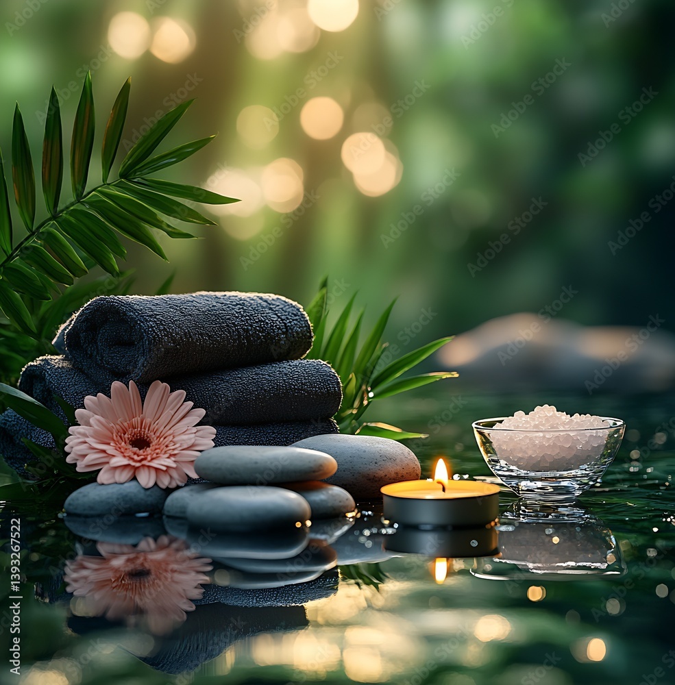 Poster soothing atmosphere with decorative candles towels and stacked stones in nature : generative ai