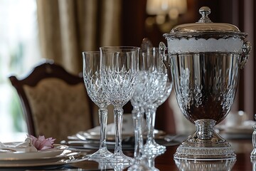 Elegant Mother's Day coffee hour with a set of fine crystal wine glasses gift and a silver coffee urn on a formal dining table.