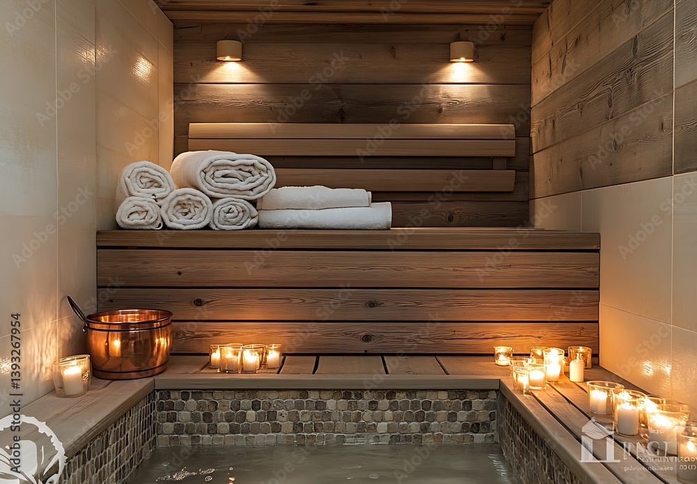 Aufkleber Relaxing spa sauna interior with candles soft lighting and neatly stacked towels for ultimate comfort : Generative AI