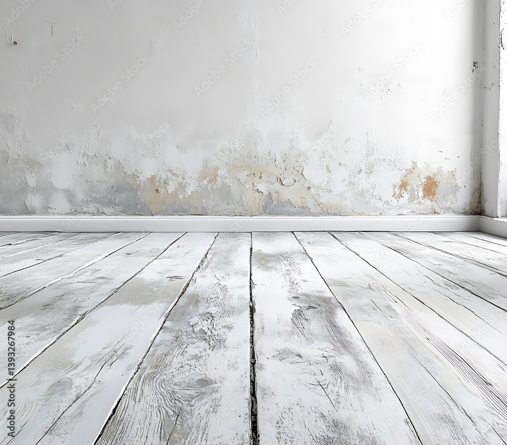 Poster rustic white room interior with distressed wall and plank floor backdrop for photography and design 