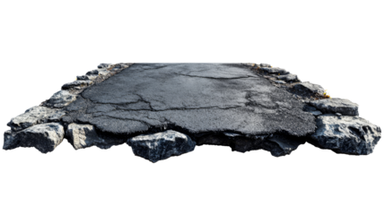 Cracked Asphalt Road Section with Rocks, Terrain Feature, cut out transparent