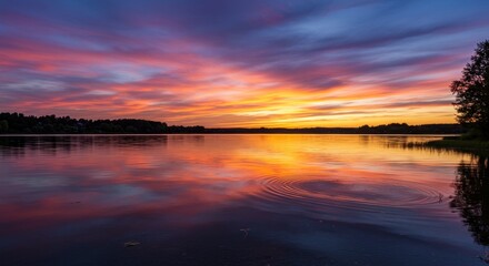 Obraz premium Sunset Serenity: Lake Reflection at Dusk - Peaceful summer evening, serene lake reflecting vibrant sunset colors. Symbolizes tranquility, nature's beauty, peace, reflection, and hope