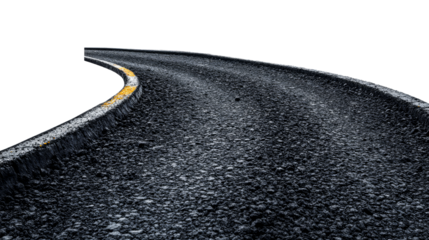 Winding asphalt road, yellow line markings, perspective view, cut out transparent
