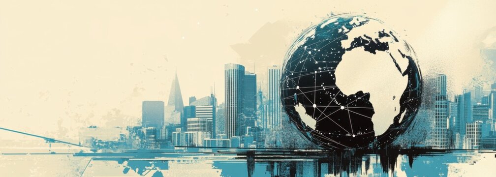 A digital globe with network connections, set against the backdrop of city skyscrapers global connectivity and business activity themes like technology, communication, world trade Generative AI