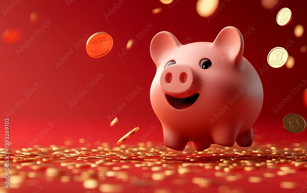 Aufkleber Cute Piggy Bank with Golden Coins Symbolizing Savings and Finance Set Against a Vibrant Red Background in a Studio Shot : Generative AI
