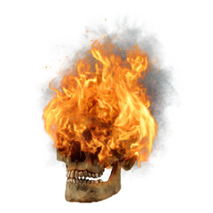 Illustration of a burning human skull from a three-quarter perspective isolate on transparent background