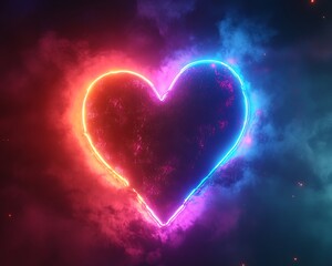 A brightly glowing heart shape with neon colors and smoky background