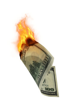 Burning hundred dollar bill illustration isolated on transparent background