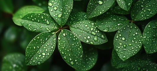 Fototapeta premium Lush Green Leaves Covered in Water Drops Showcasing Nature's Refreshing Beauty and Resilience : Generative AI