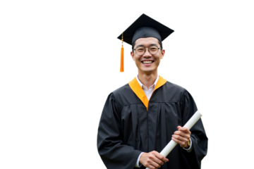 Graduation ceremony celebration with smiling graduate in cap and gown holding diploma