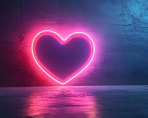 A glowing neon heart symbol glows against a textured wall surface