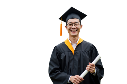 Graduation ceremony celebration with smiling graduate in cap and gown holding diploma