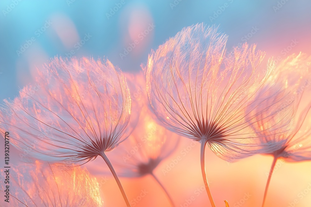 Poster delicate dandelion seed heads backlit with warm sunset light close up nature macro soft focus dreamy