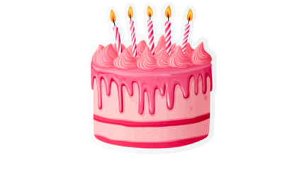 Pink frosting cake with candles, celebration, party, cut out transparent