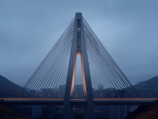 Modern cable-stayed bridge with illuminated tower and suspension cables against misty blue twilight cityscape