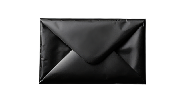 Stylish dark envelope, shiny black paper, invitation to event, cut out transparent