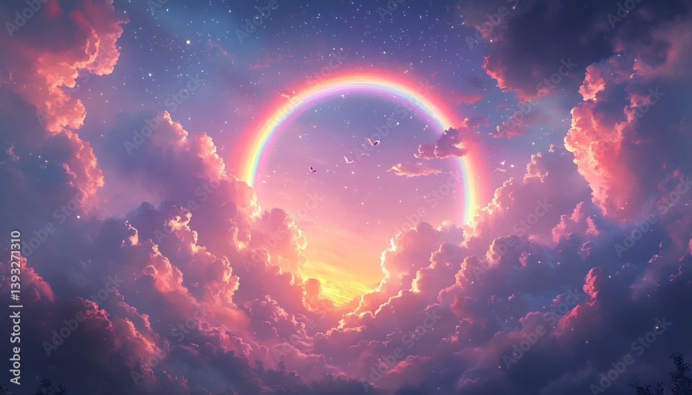 Poster enchanting scene depicting a softly glowing rainbow encircled by ethereal clouds and twinkling stars