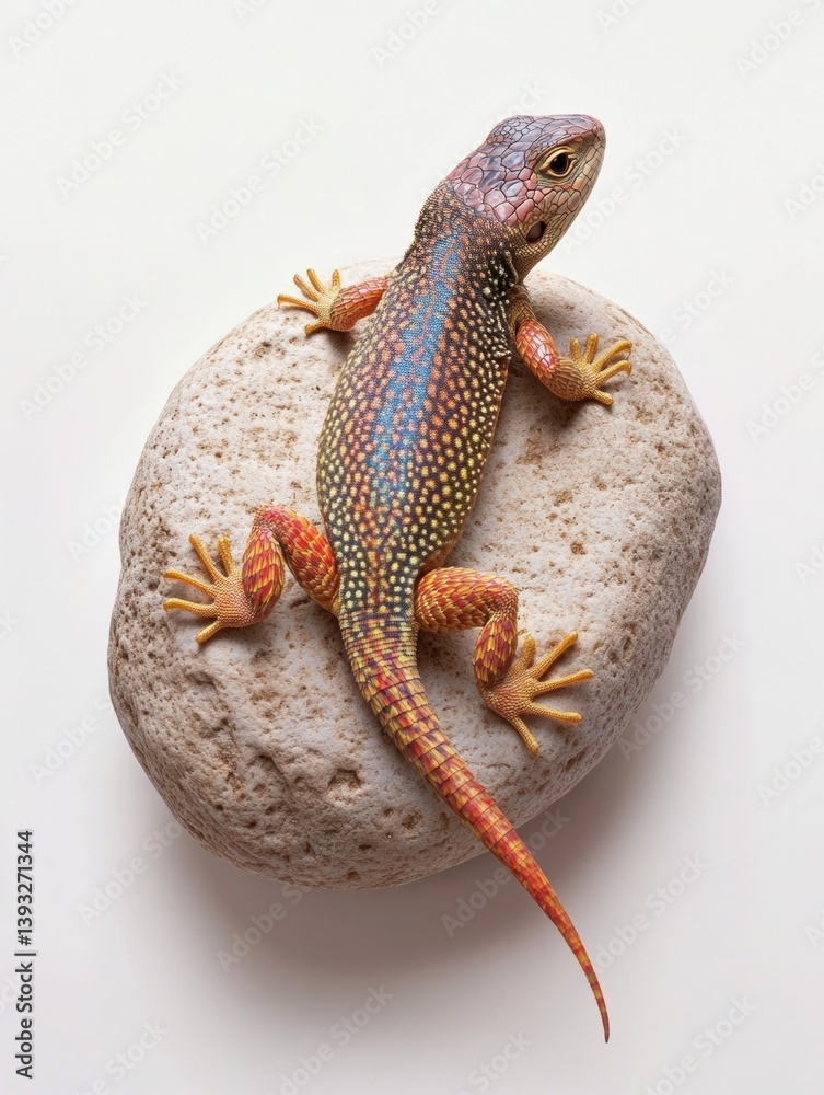 Poster colorful lizard resting on textured rock against a white background casting a gentle shadow