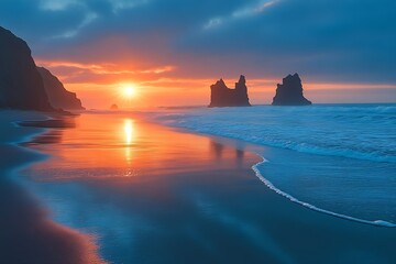 Dramatic Sunrise Over Reynisfjara Black Sand Beach in Iceland Coastal Scenery with Waves and Volcanic Rock Formations : Generative AI