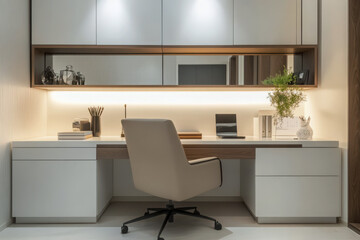 Fototapeta premium A modern office with a desk, built-in storage, and large mirrors offering a bright, functional, and professional workspace for productivity and comfort
