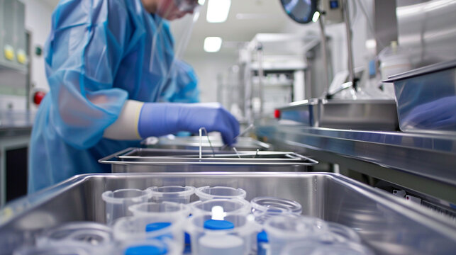 A nurse preparing sterile instruments in a hospital's central sterile supply department. stock image, hd quality, natural look, blog post, health care