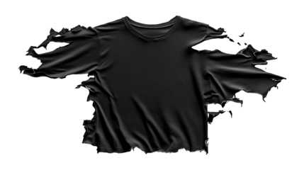Tattered black t-shirt on a black background, cut out transparent